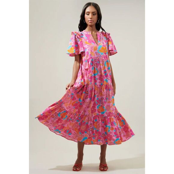 Sugarlips‎ Women's XS Floral Tiered Shift Midi Dress Multicolor Spring - Picture 2 of 5